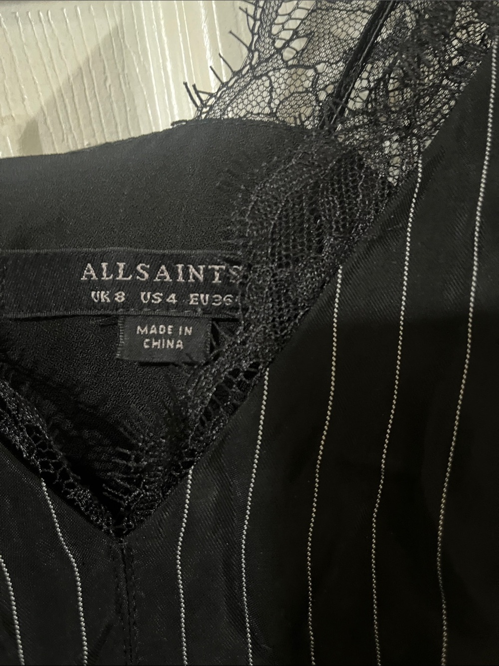 All Saints Black Pinstripe Lace-Trim Asymmetric Slip Dress - Picture 3 of 4